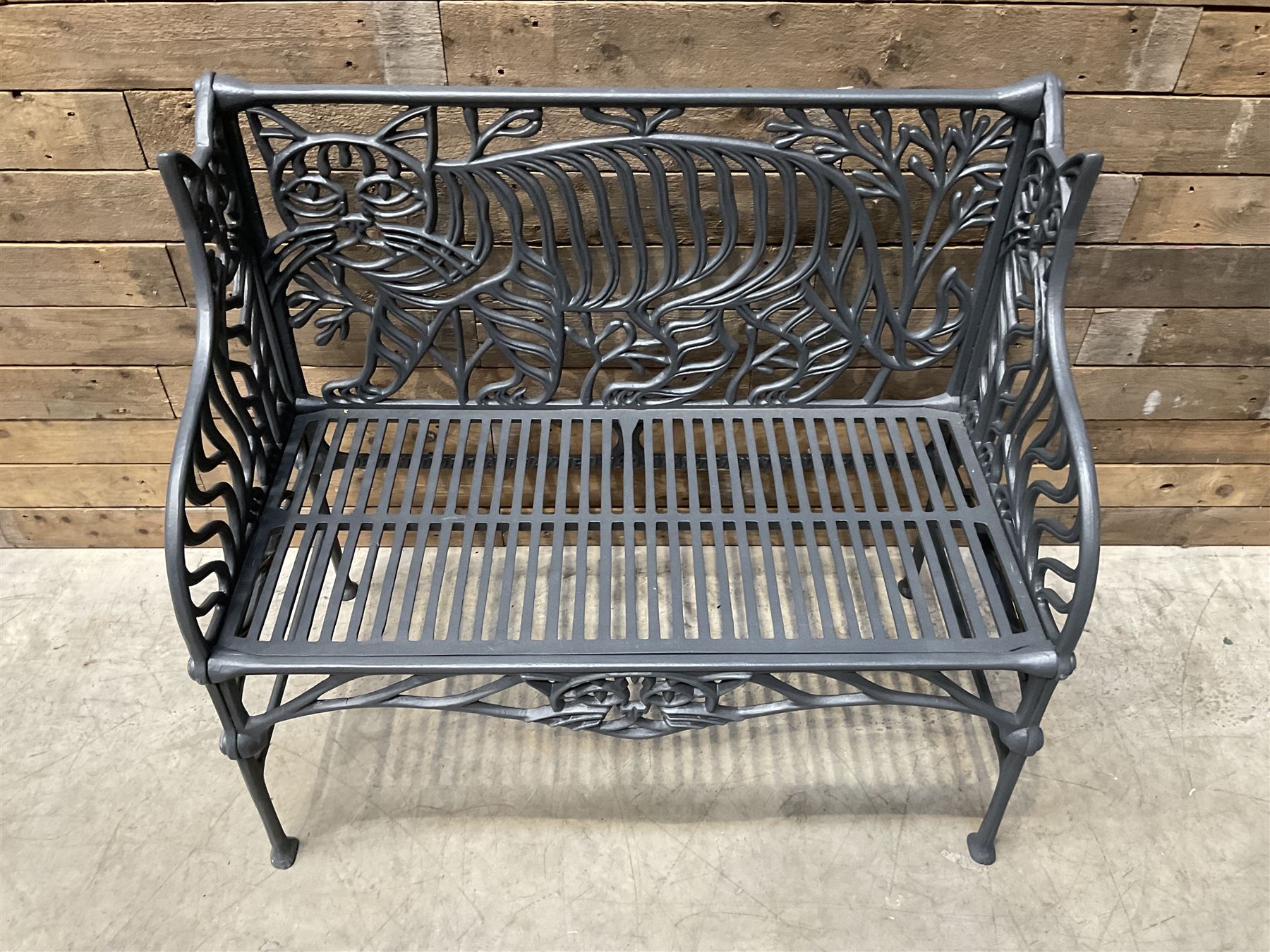 Richard Bawden (1936-2024); - Cat design painted cast iron garden bench