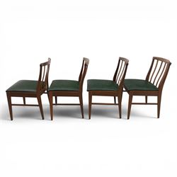 Mid-20th century teak dining table and chairs, with stowable fold over leaf, raised on square tapering legs, the chairs with teak frames and reupholstered green leather seats