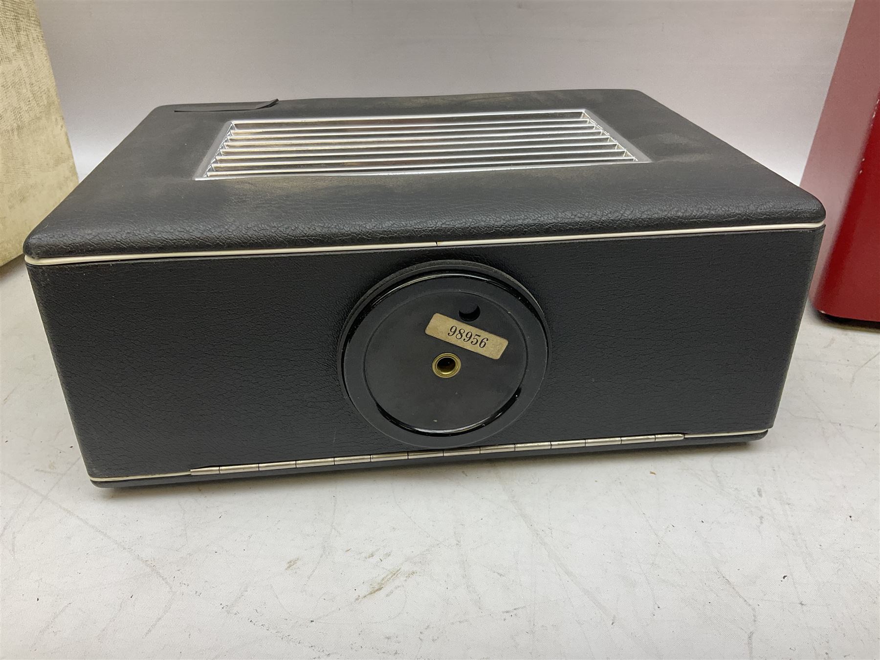 1950s Pye Type P43 cabinet radio in cream Bakelite case with orange knobs, W30cm H22cm D16cm, together with Ever Ready Sky Queen portable radio, Ekco portable radio in red case, Boxed Bush Special Edition 2002 Queens Golden Jubilee radio, Hacker Herald VHS radio (5)