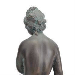 Austin Productions Art Nouveau style sculpture 'La Grace' after Eugene Marioton, signed and with impressed marks, together with similar composite figure of a nude figure on a rock and a pillar, pillar H77cm