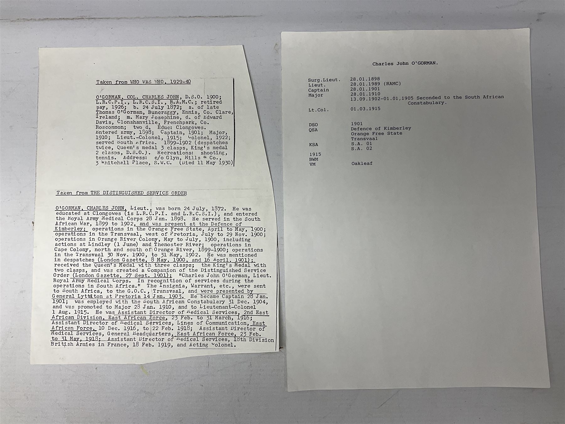 South Africa/WW1 Distinguished Service Order group of seven medals comprising D.S,O. with original ribbon bar and top bar slider, Queens South Africa Medal with three clasps for Defence of Kimberley, Orange Free State and Transvaal, Kings South Africa Medal with two clasps for South Africa 1901 & 1902 awarded to Capt. C.J. O'Gorman D.S.O. R.A.M.C., 1914-15 Star, British War Medal and Victory Medal with MID oak leaves awarded to Major (later Lt. Col.) C.J. O'Gorman D.S.O. R.A.M.C. and Kimberley Star 1899-1900; together with copies of research and biographical material