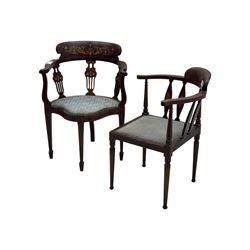 Edwardian inlaid mahogany corner chair, curved arms on shaped splat supports inlaid with satinwood, on turned supports (W60cm, H75cm); Edwardian inlaid mahogany tub-shaped armchair, the cresting rail inlaid with scrolling acanthus leaves and flower heads, on square tapering supports with spade feet (W58cm, H80cm)