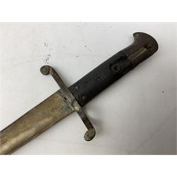 French Model 1866 sabre bayonet with 57cm fullered steel curving blade; in steel scabbard L71cm overall; another Model 1866 sabre bayonet lacking scabbard; and British Pattern 1856 sword bayonet (no scabbard) (3)