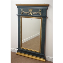  Large gilt and teal classical style bevel edged mirror, W98cm, H152cm  