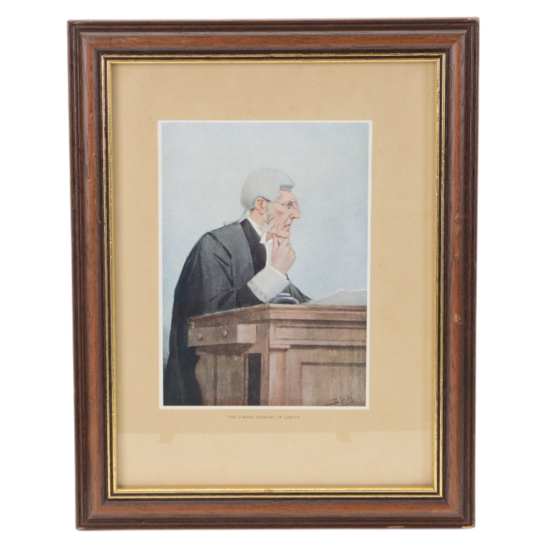 Judge's regalia, including, barrister’s wig in tin monogrammed J.A.W, Ede and Ravenscroft gown, tin of collars, jacket and waistcoat by Daniel Drescott, a glass case containing three miniature legal wigs; barrister’s wig, judge’s full bottom wig and bench wig and four Vanity Fair Spy prints