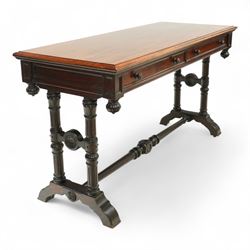 Victorian mahogany hall table, rectangular top with moulded edge over two frieze drawers with turned knob handles, raised on ring turned legs with bun feet, united by a ring turned stretcher