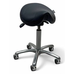 Score - contemporary 'Amazone' saddle stool, upholstered in black leatherette with adjustable height and tilt mechanism, raised on chrome spoke base fitted with castors