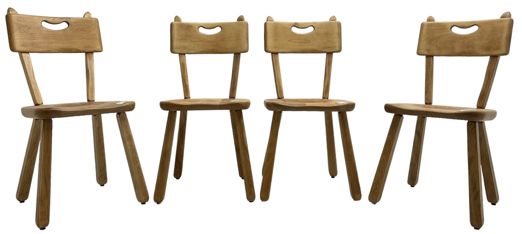 Imperial Canada - set of four mid-20th century birch dining chairs, bar back with pierced handle, dished seat on square tapered splayed supports