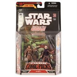 Four Hasbro Star Wars 3.75 inch figure Comic Packs, comprising The Hunt for Aurra Sing #31, Infinities #4, Star Wars Republic #55 and Heir to the Empire #5, all in blister packs