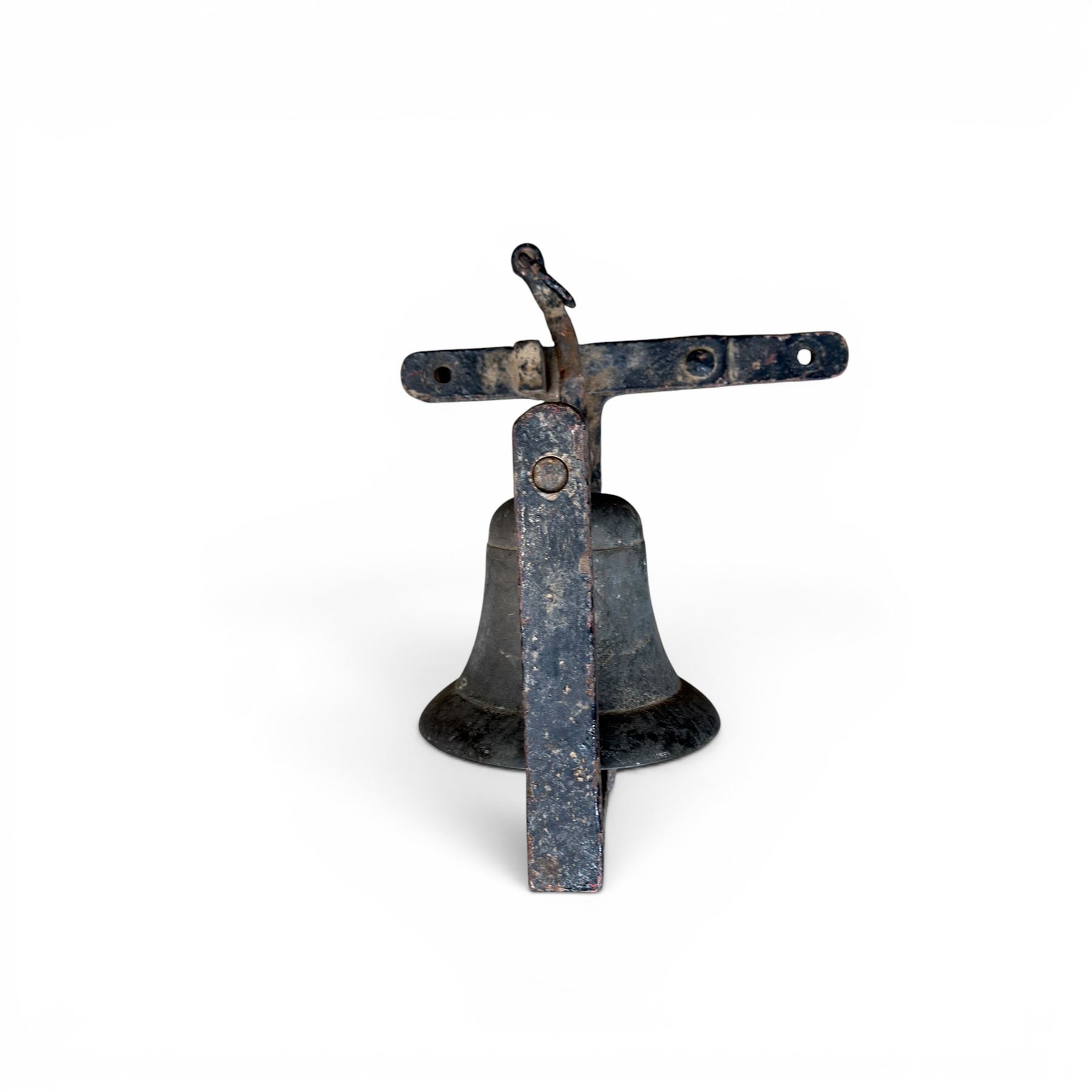 19th century cast iron outdoor bell bracket with bronze bell, lever action, finished in black paint