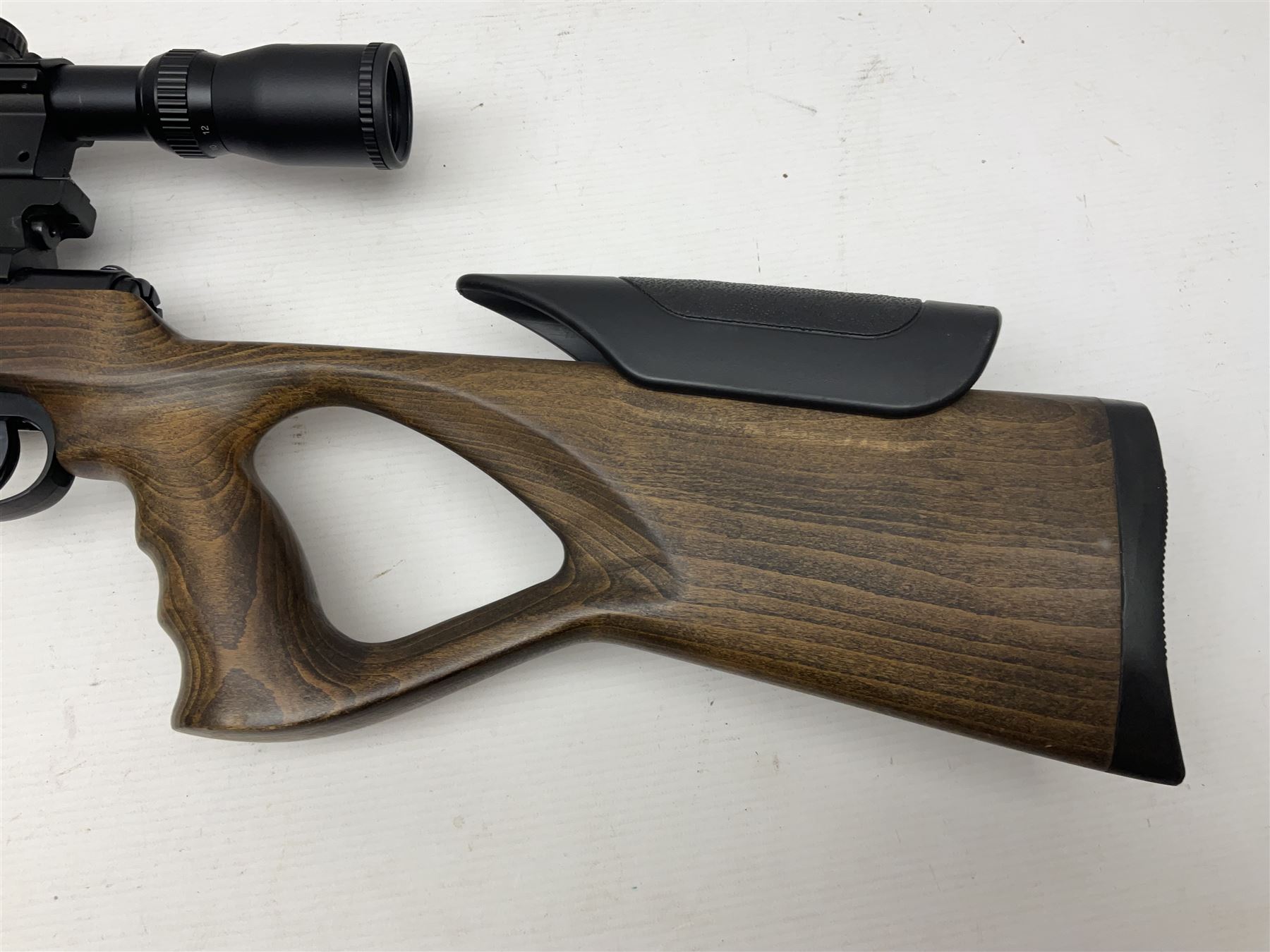 Lee Enfield Sentry Model 705 .22 cal. PCP rifle, with Nikko Stirling Mountmaster 4-12 x 50 scope and wooden stock with pistol grip; serial  no.112117897, L104.5cm overall; in soft carrying case  NB: AGE RESTRICTIONS APPLY TO THE PURCHASE OF AIR WEAPONS.