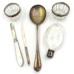  Silver table spoon, ladies cut glass hip flask, pair cut glass salts with silver rims, mother-of-pearl fruit knife, dip pen with silver mount, etc   