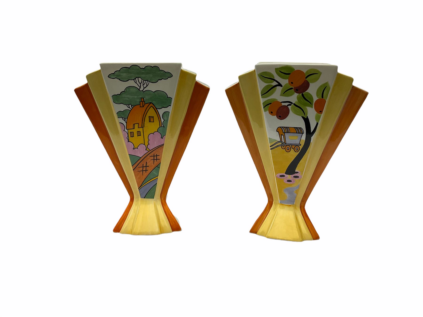 Two Wedgwood Clarice Cliff sunray vases, in Caravan design and Orange Roof Cottage design, both limited edition, H21.5cm. 