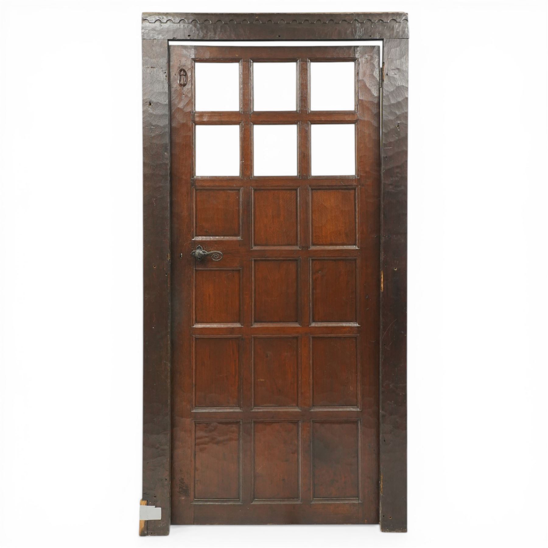 Mouseman - 1940s glazed, panelled and adzed vestibule door with castellated frame, with carved mouse signature, by Robert Thompson of Kilburn