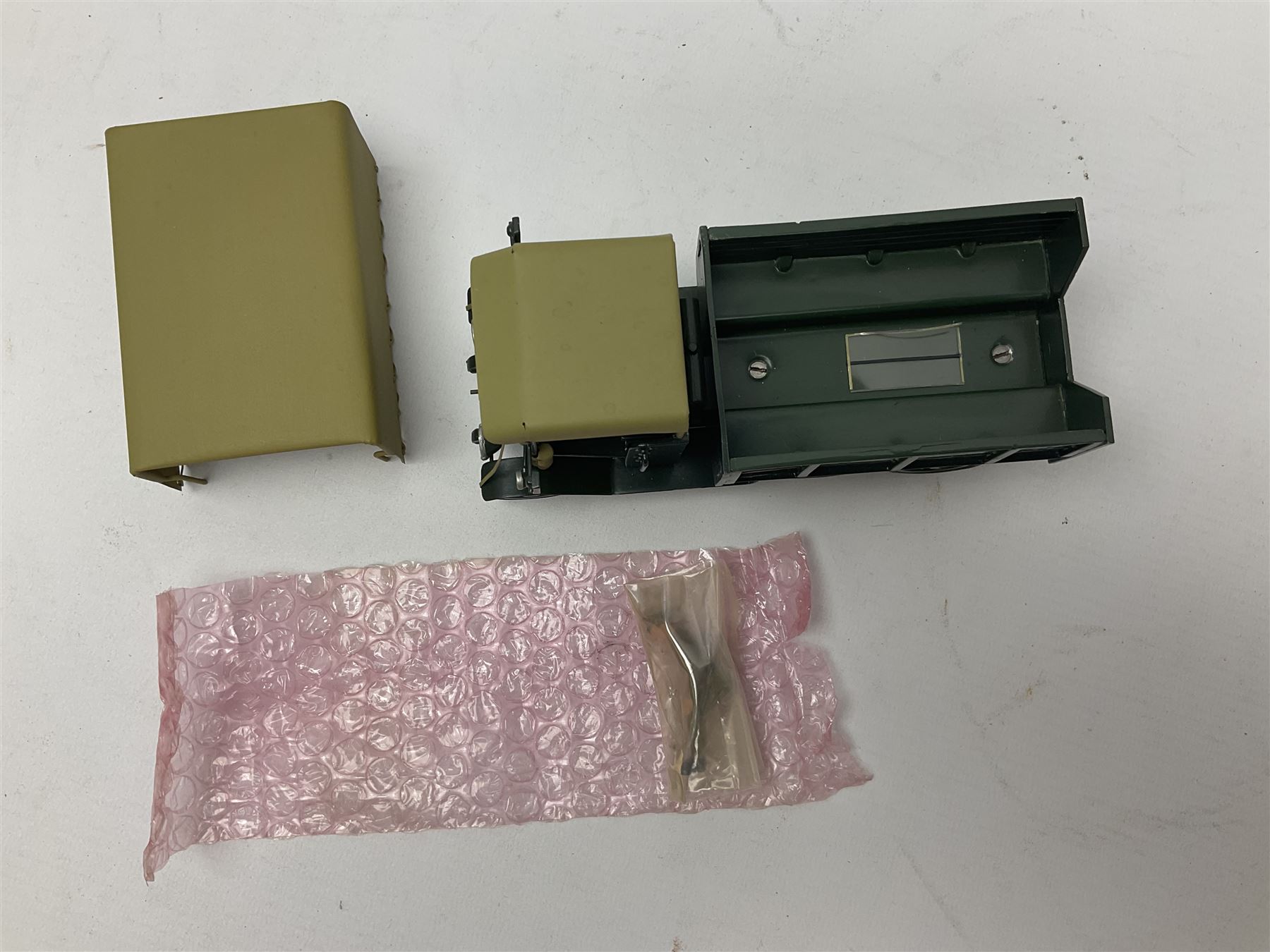 CJB Morris Military Field Wireless car with antenna, driver and operator L11cm; CJB Military covered wagon with two figures; and CJB maroon and white painted flat-bed truck with driver (3)