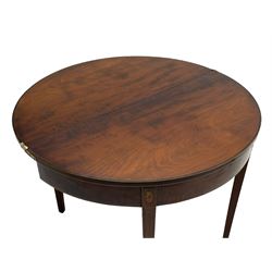 George III mahogany demi-lune tea table, fold-over top with band and stringing, the frieze inlaid with fan motifs, double gateleg action base, on square tapering supports