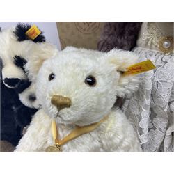 Steiff 'The Millenium Bear' in mohair, exclusively for Danbury Mint with golden pendant and card label H32 cm; another modern Steiff teddy bear as a seated panda with cub; and boxed Gund Barton's Creek Collection 'Lavender N' Lace' teddy bear with card label (3)