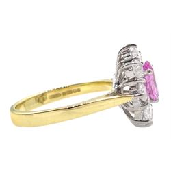 18ct gold pink sapphire and diamond cluster ring, hallmarked, sapphire approx 0.90 carat, total diamond weight approx 1.05 carat