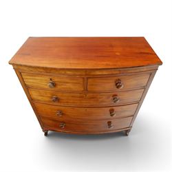 19th century mahogany bow-front chest, shaped top with ebony strung edge over banded frieze, fitted with two short over three long cock-beaded drawers, on turned feet