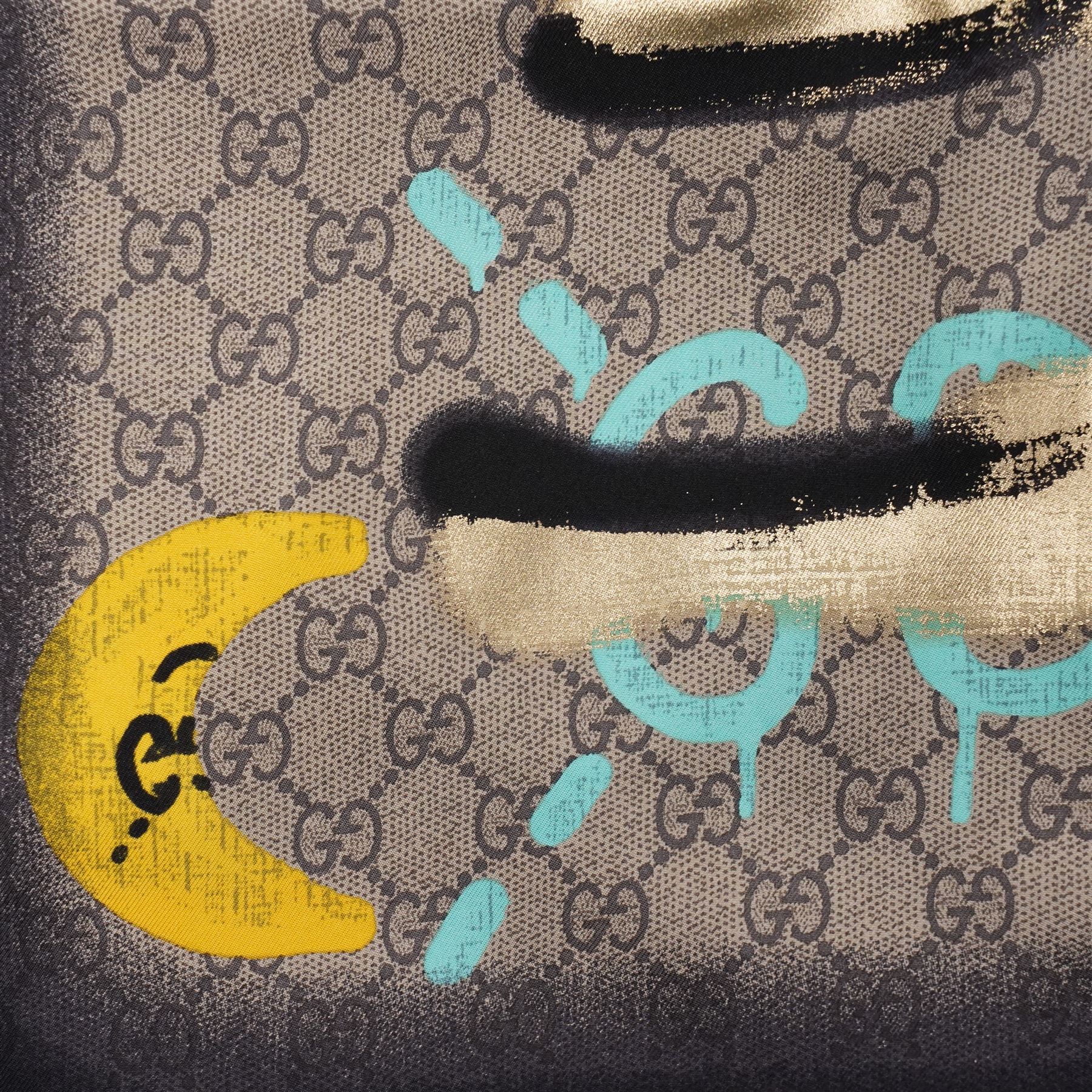 Gucci - 'Gucci Ghost' silk scarf, from the Trouble Andrew collaboration, with graffiti-style logo, heart and signature GG monogram design, 85cm x 85cm, unused with original box and label