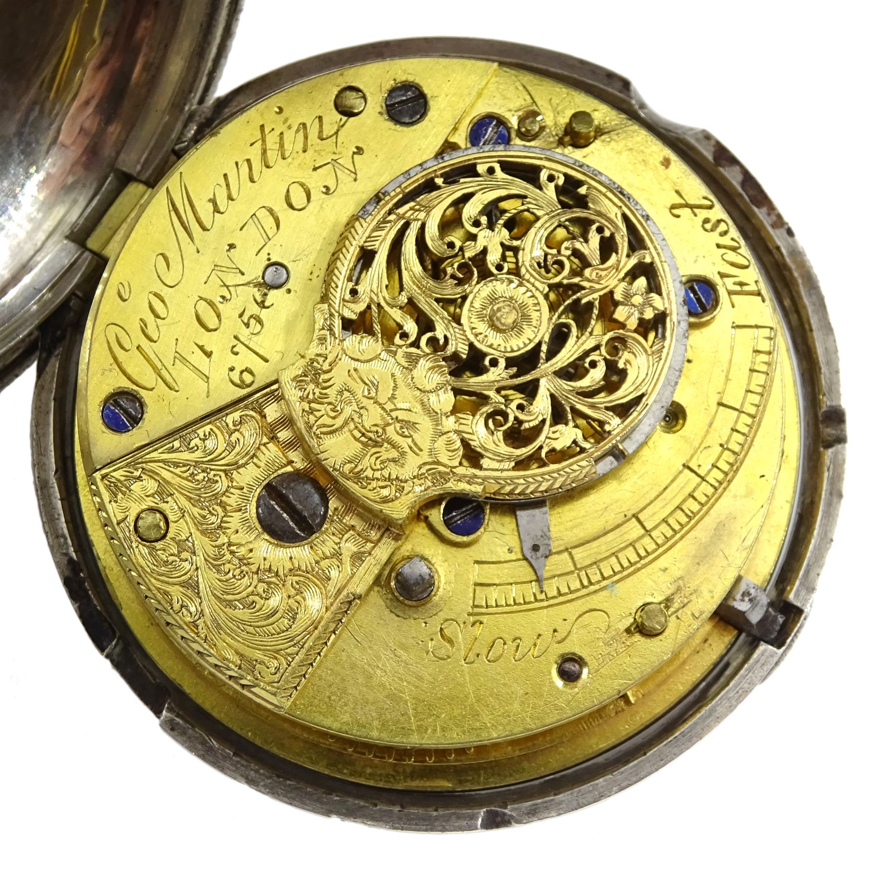 19th century silver full hunter verge fusee pocket watch by George Martin, London, No. 6756, round pillars, pierced and engraved balance cock decorated with a mask, white enamel dial with Roman numerals, case makers mark J A T, London 1830
