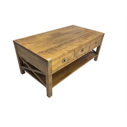 Rectangular hardwood coffee table, fitted with three drawers over under-tier