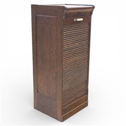 Early 20th century oak tambour front fitted cabinet, rectangular top with rounded corners ...