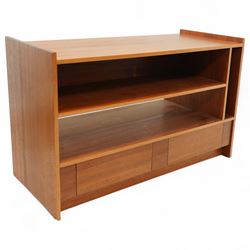 Mid-20th century teak media cabinet, rectangular top over two open shelves, lower section ...