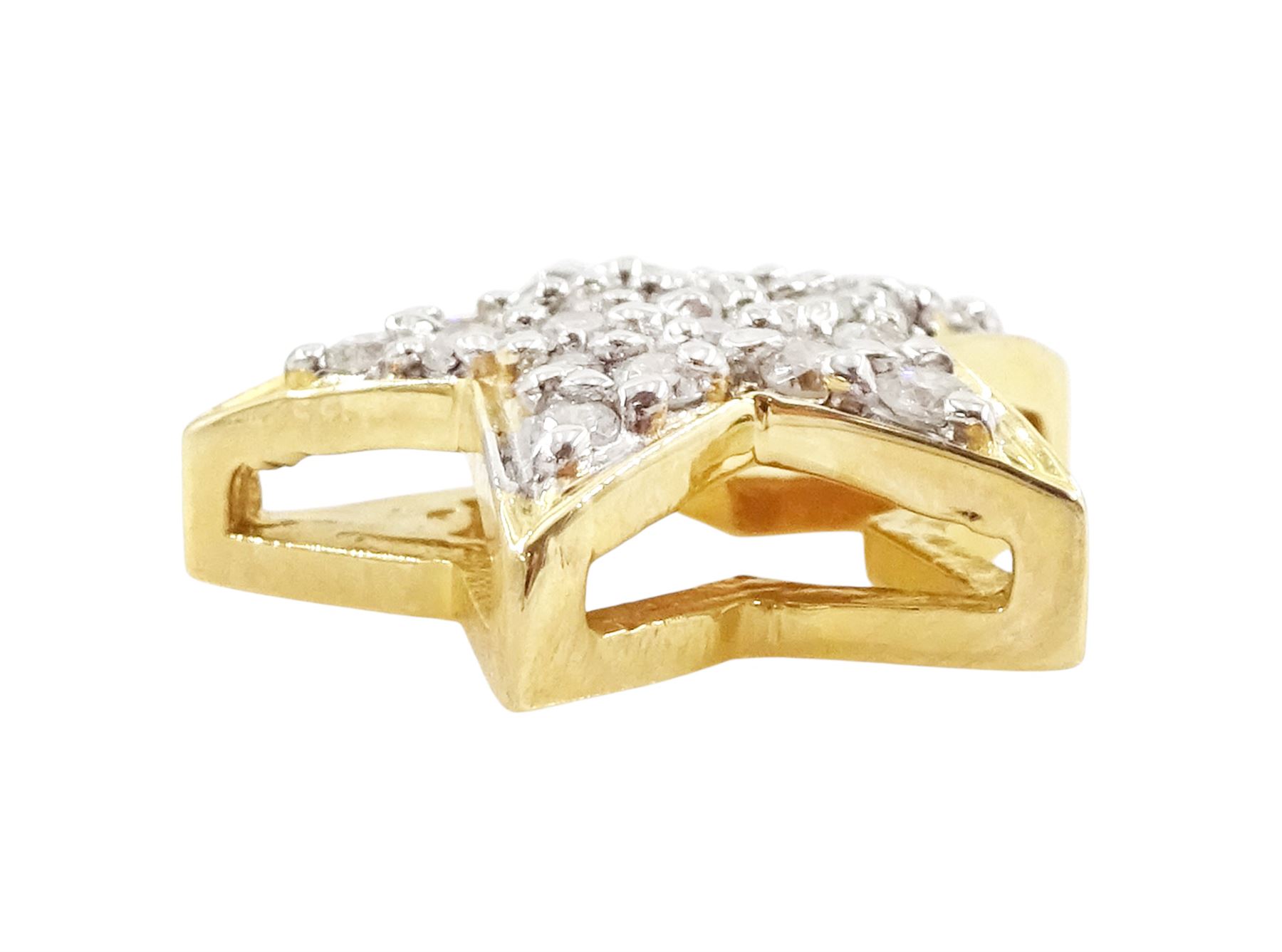 14ct gold diamond star pendant, white gold pave set round brilliant cut diamonds, applied to a yellow gold background