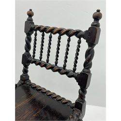 Unusual pair late 17th century oak spindle-back chairs, barley twist or spiral turned throughout, the back with a row of six vertical turned spindles, the supports joined by two lower rails and front central rail, plank seats

Provenance - The chairs illustrated in 'Early British Chairs and Seats 1500-1700' by Tobias Jellinek (Pub: Antique Collectors Club. 2009. p 313). Previous part of a private collection. Vendor purchased from auction 2014.

Measurements - seat width - 48cm, seat height - 38cm/36cm, depth - 50cm, total height - 85cm/82cm