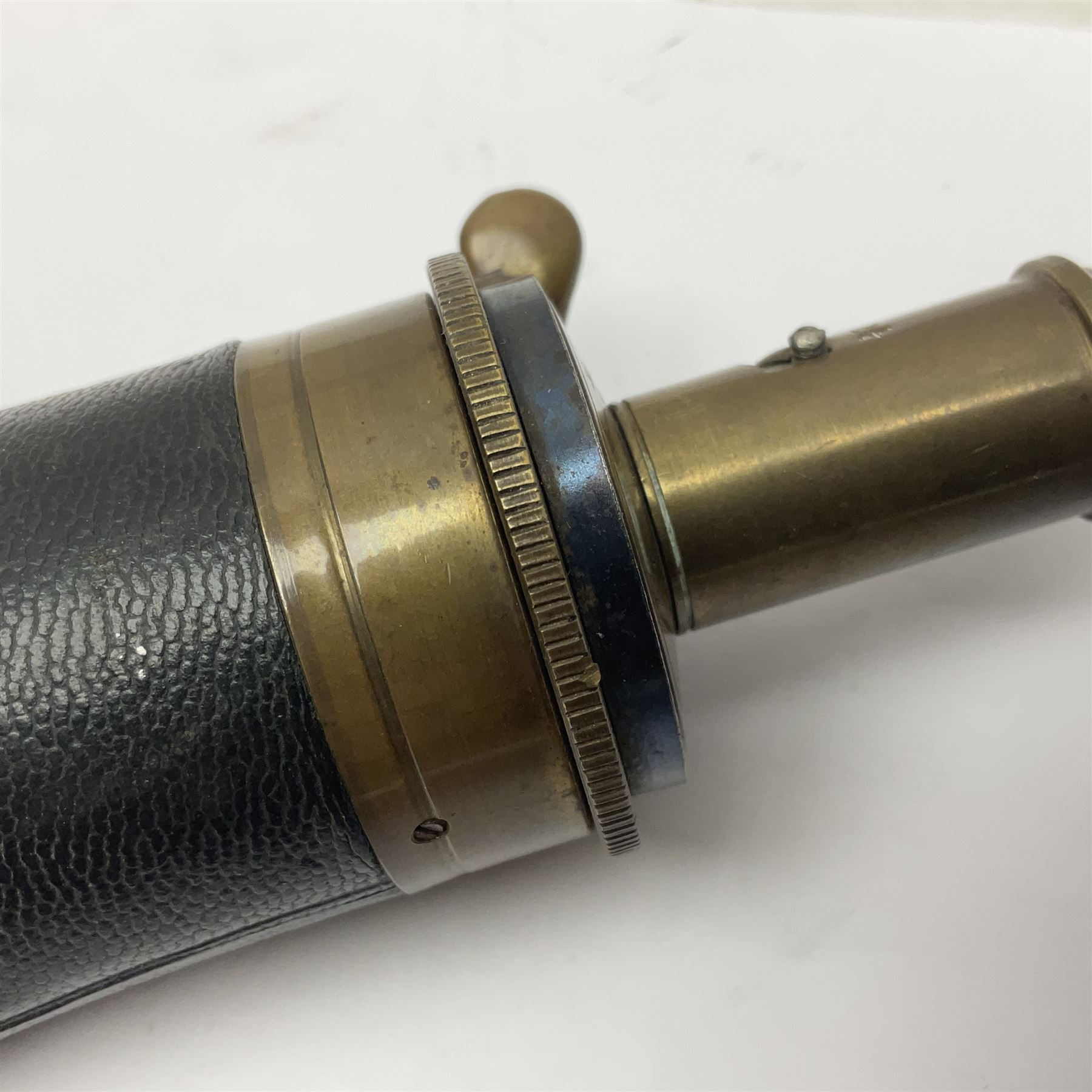 19th century James Dixon & Sons leather covered powder flask with patent action adjustable shot measure to dispense 2 1/4 - 3 drams; marked Parker Hale Ltd. Birmingham England L20cm