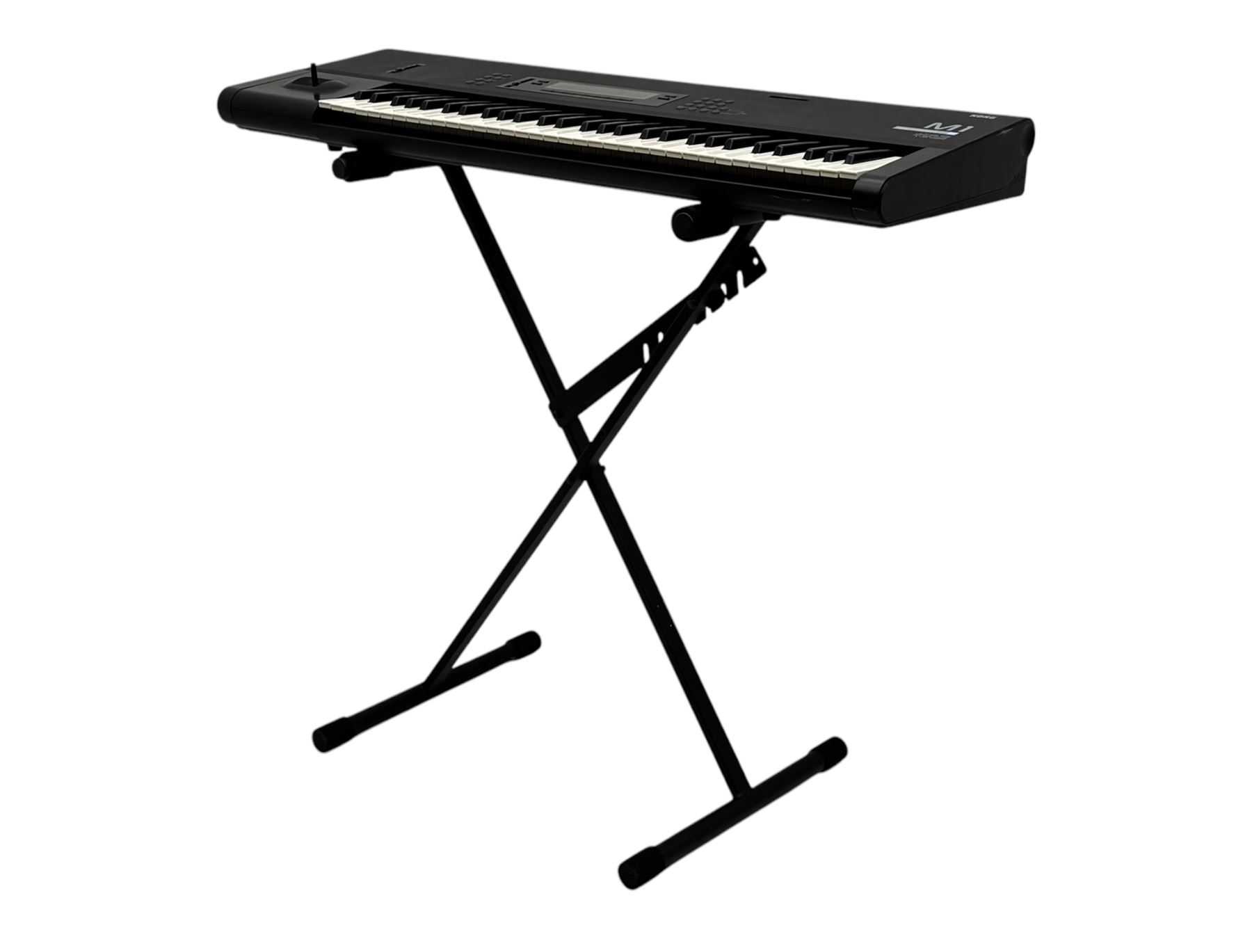 Korg M1 keyboard synthesiser, 61 velocity-sensitive keys with integrated multi-effects and eight-track sequencer, mounted on an adjustable black tubular X-frame stand with rubber end caps