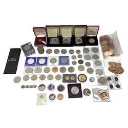 Coins and medallions including various commemorative crowns, King George VI 1951 Festival of Britain crown in maroon case, Republic of Seychelles 1977 twenty-five rupees coin, Mauritius 1977 twenty-five rupees coin, Queen Elizabeth II pre-decimal pennies etc