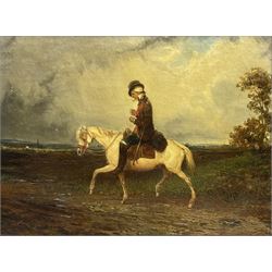English School (19th century): Gentleman on Horseback, oil on canvas indistinctly signed 24cm x 32cm