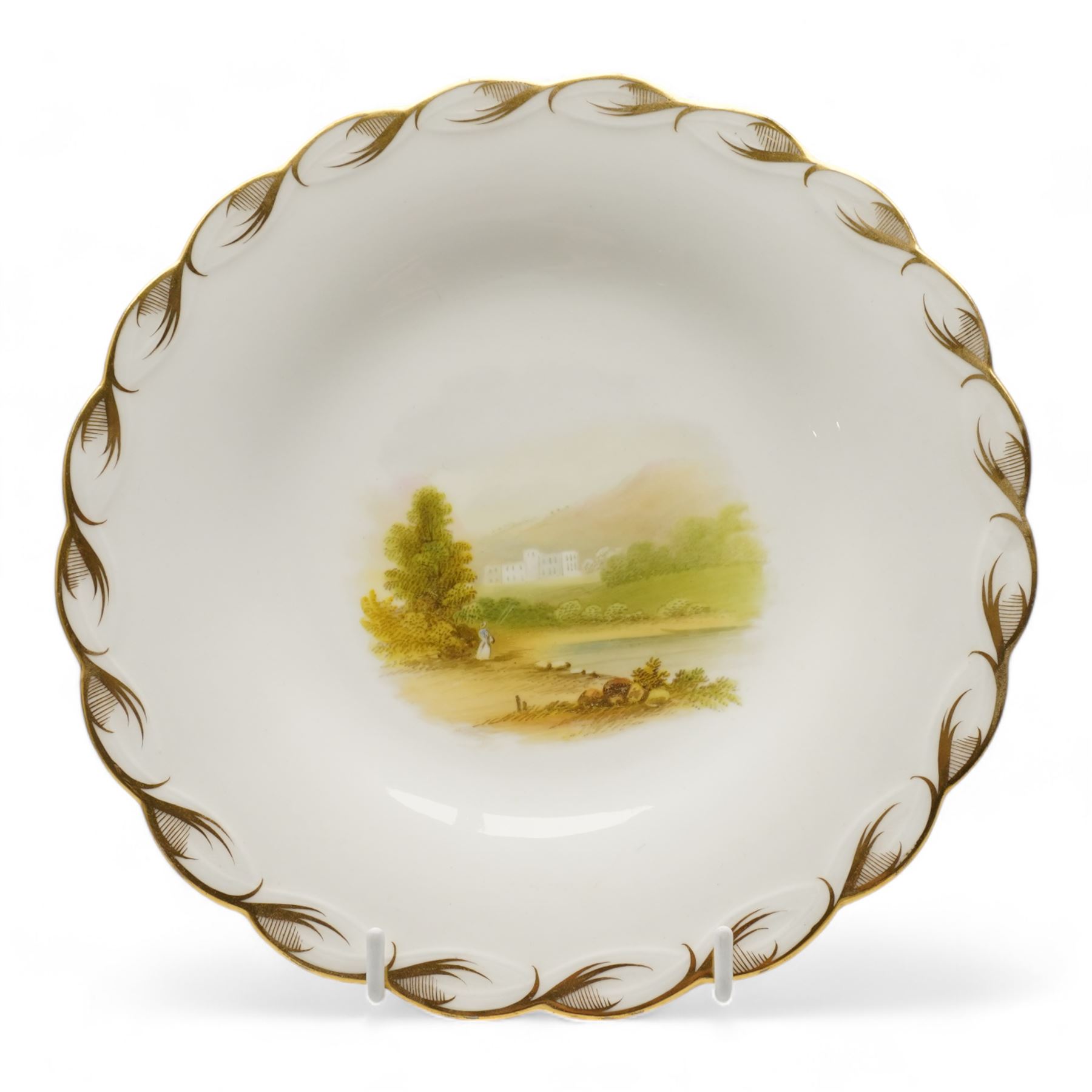 Set of six Victorian porcelain plates, each hand painted with rural landscapes, within scallop egde borders, pattern no. 122 and impressed Rd. marks, D22.5cm (6)