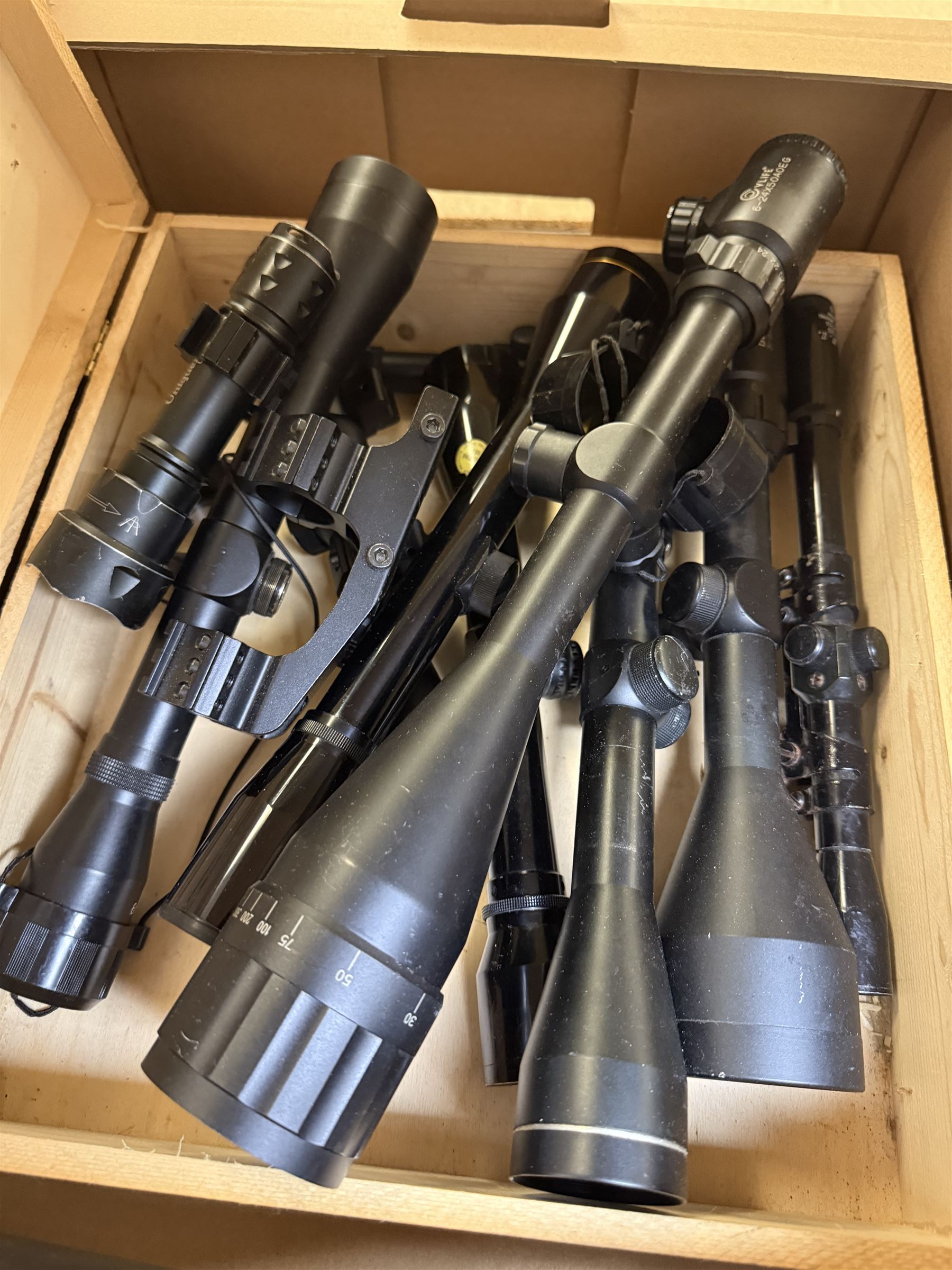 Collection of shooting scopes, including Bushnell 3-9X 56EG telescopic sight, V Life 6-24x50A0EG etc 
