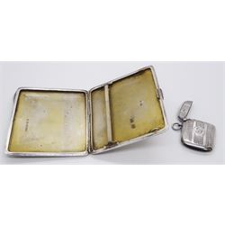 1930's silver cigarette case, with engine turned decoration and Art Deco style geometric detail, hallmarked Joseph Gloster Ltd, Birmingham 1933, H9cm W8cm, together with an Edwardian silver vesta case, with engraved monogram to circular panel and engine turned bands, hallmarked H V Pithey & Co, Chester 1909, approximate total weight 4.80 ozt (149.6 grams)