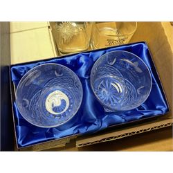 Caithness 'Fireball' paperweight, together with four cased Tyrone Crystal glasses, glass oil lamp, three glass decanters etc, in two boxes