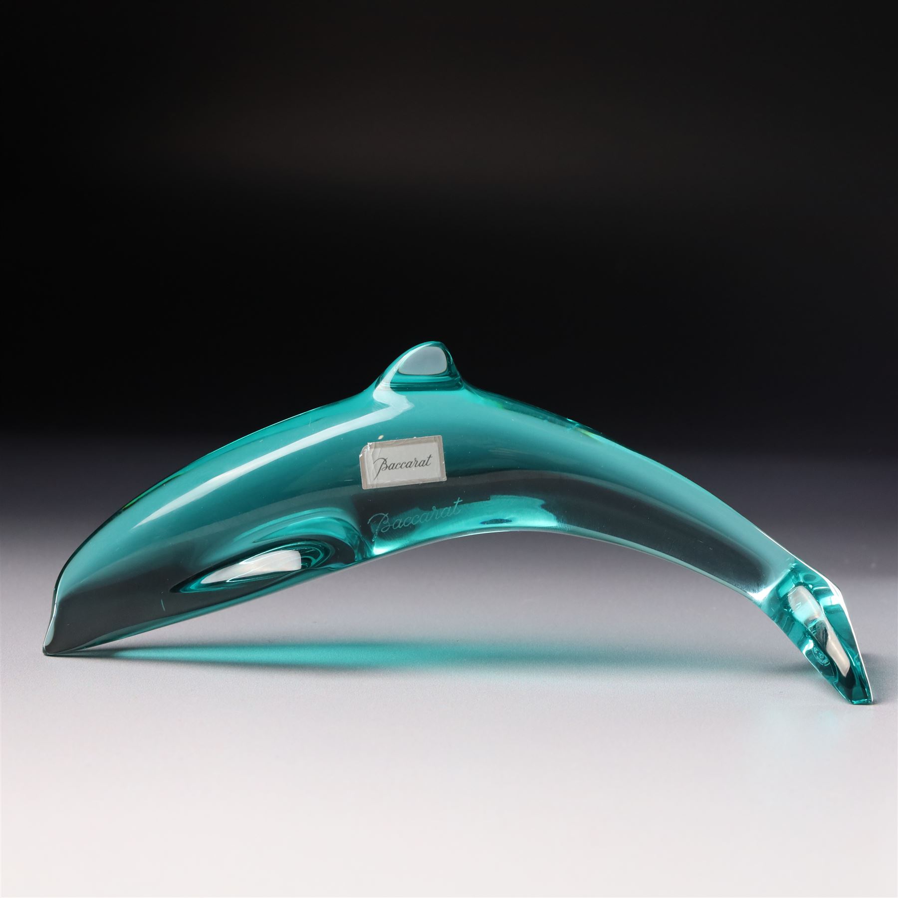 Lalique clear and frosted glass dolphin, label to base W12cm, boxed and a Baccarat blue glass dolphin W16cm  in Mappin & Webb box