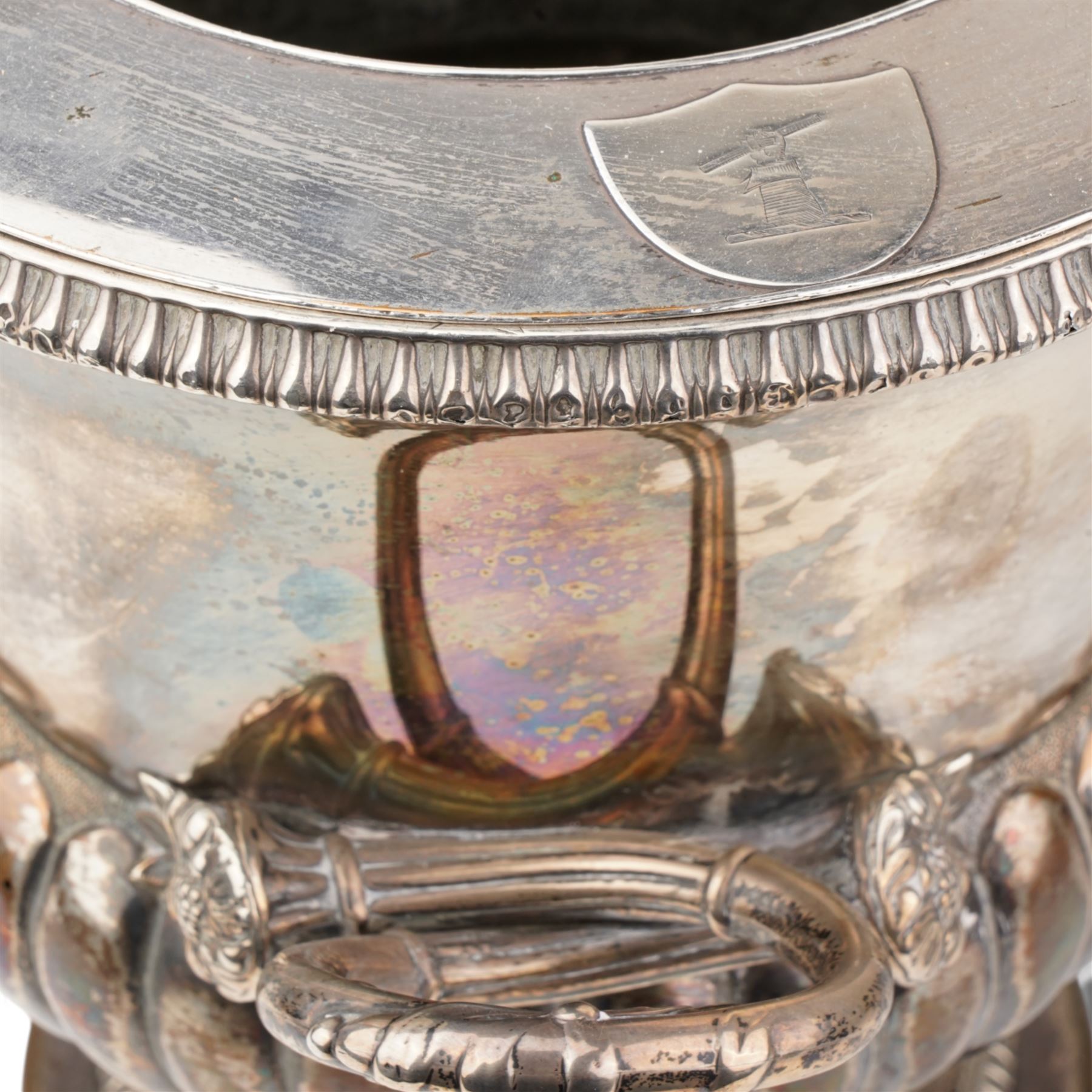 Pair of Edwardian silver plated wine coolers of campana form with twin handles and shield shape cartouches, inscribed 'Cowes Regatta 1907' H23cm