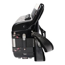 Vignoni piano accordion, with 37 keys and 96 bass buttons, probably a Philharmonic II S model, the black high gloss case with carrying strap and in fitted carrycase 