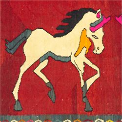 Southwest Persian Qashqai kilim, flatwoven wool with central pictorial design of mirrored horses on a red ground, framed by multicoloured motifs and stepped ivory border, vibrant palette throughout