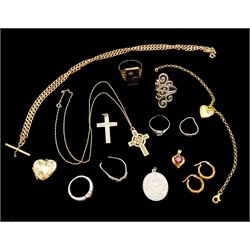 9ct gold jewellery including cross pendant necklace, pair of hoop earrings, T-bar necklace, black onyx signet ring, heart pendants and silver jewellery