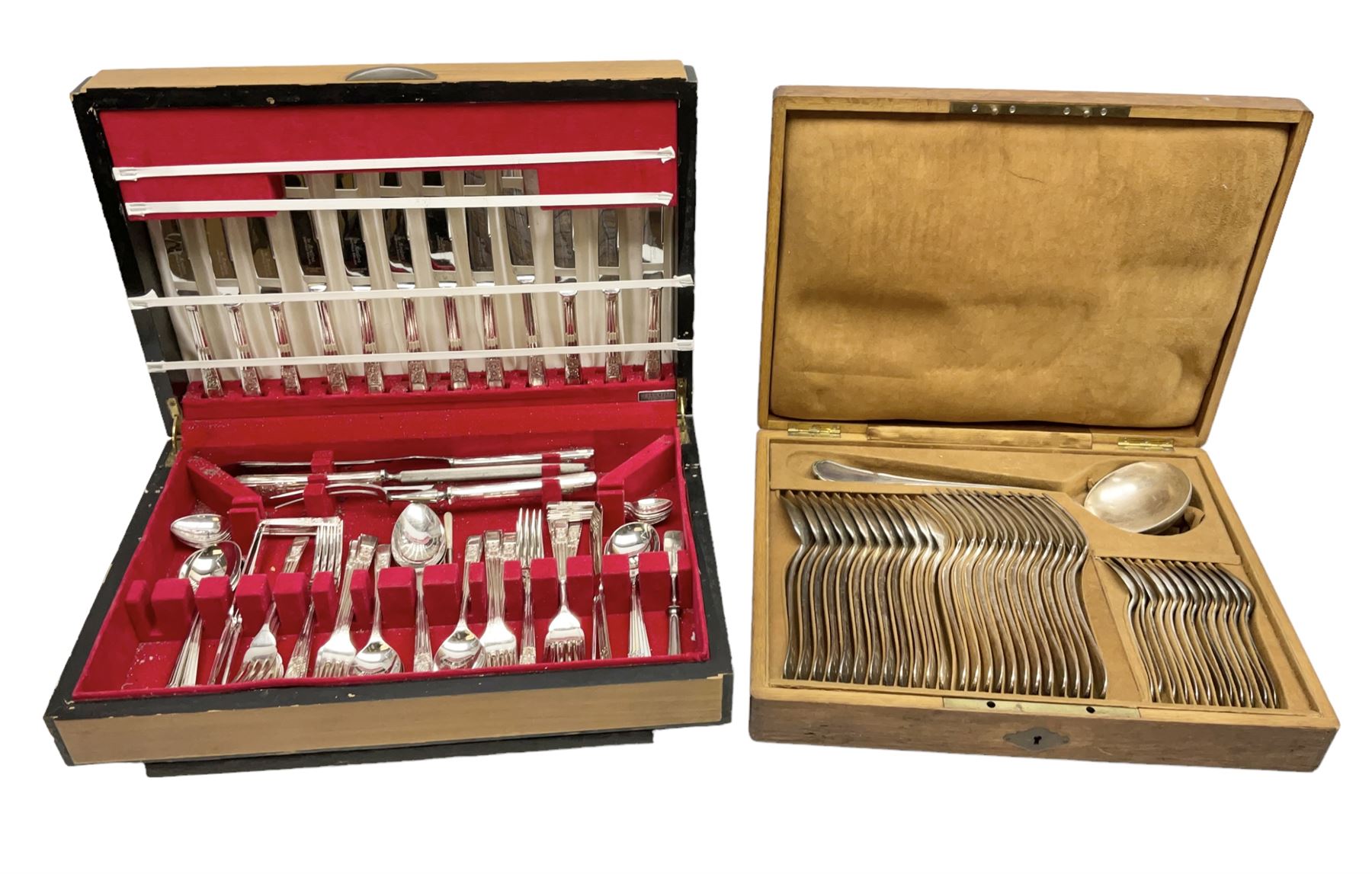 De Montfort cased canteen of silver plated cutlery for six place settings, together with further cased canteen of spoons and forks stamped Bon Marche
