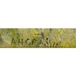 Adam H Grassie (Scottish 20th century): 'Red Roofs Fife', oil on board signed, titled verso with artist's address '90 Sandy Road Renfrew' 28cm x 39cm