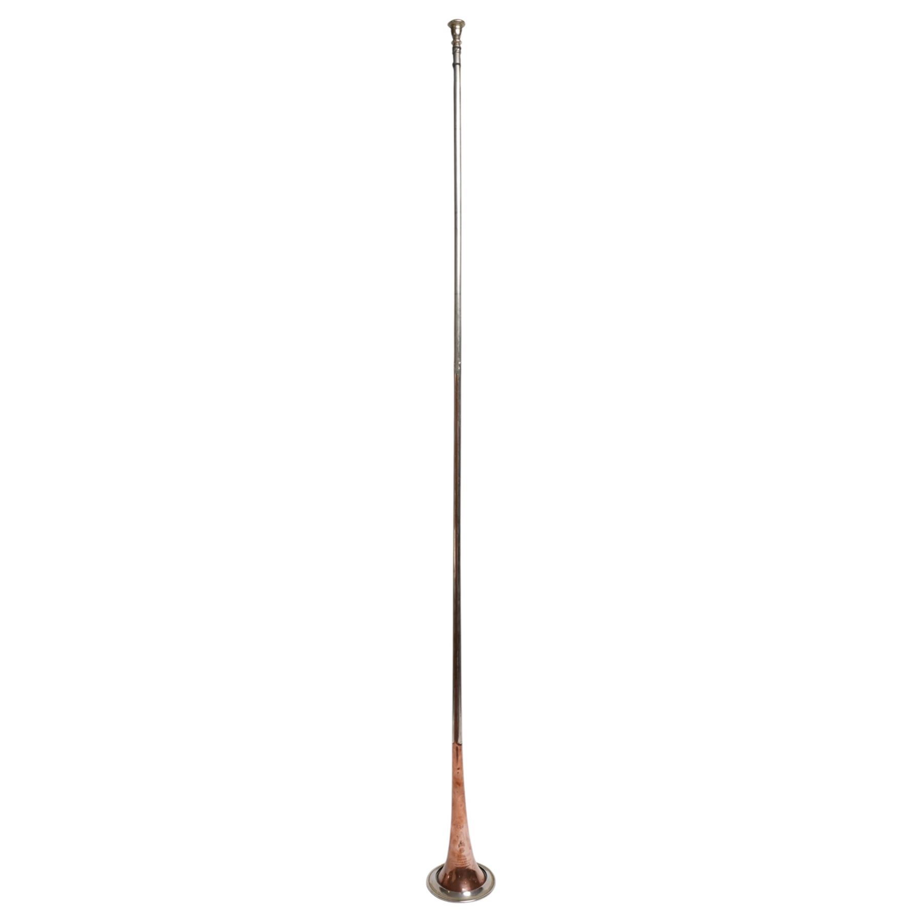 Kohler & Son (61 Victoria Street London) - Victorian silver plated and copper coaching horn of long tapering form with flared bell, stamped to the bell with makers mark and a '4' within a hand motif, L132cm