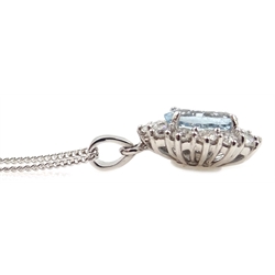  18ct white gold aquamarine and diamond cluster pendant, hallmarked on white gold necklace chain, stamped 18K, aquamarine 1.3carat, diamonds approx 0.4 carat   