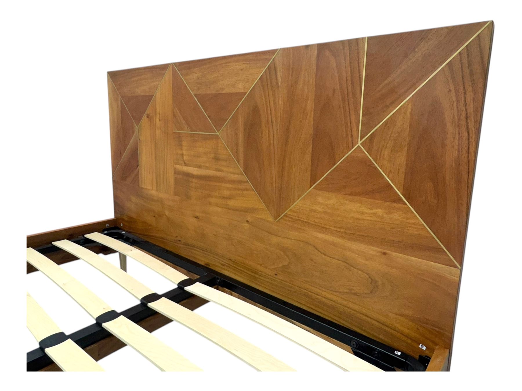 Barker & Stonehouse - contemporary chestnut king size bed frame, with geometric inlaid headboard and brass detailing, slatted base and tapered brass effect legs, together with Dreams ‘Reynolds 1000’ pocket sprung mattress