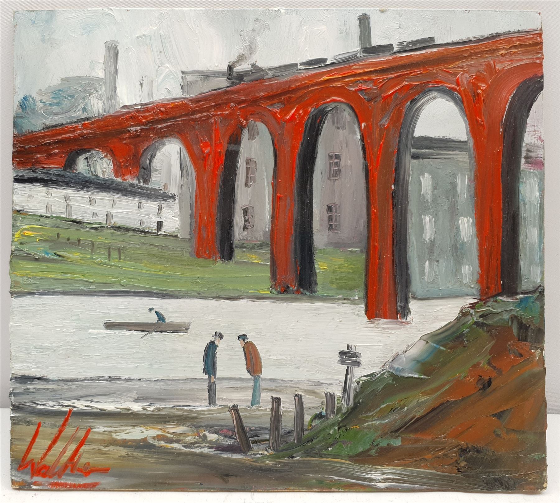 Walker Scott (Northern British Contemporary): Wading Beneath the Viaduct, oil on board signed 23cm x 25cm (unframed)