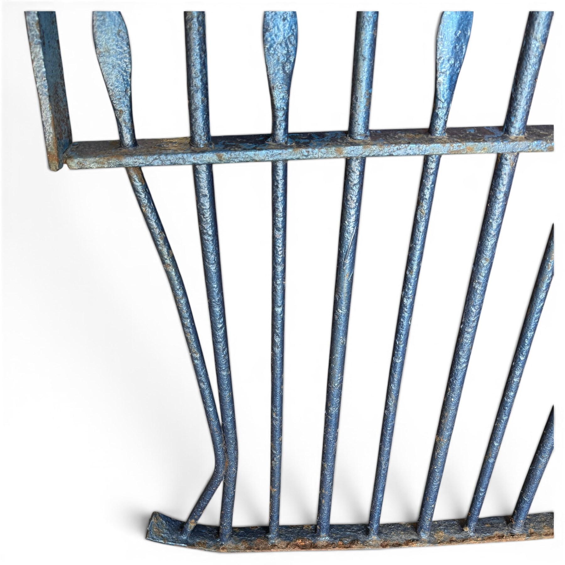 Two sections of painted iron garden or estate boundary railing, comprising a 19th century wrought iron section with graduated spearhead uprights, together with a later hoop-top section with ball-finial end posts, both in blue painted finish